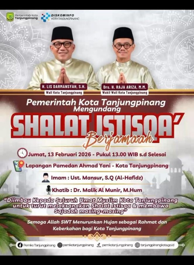 
					Pemko Tanjungpinang Gelar Shalat Istisqa’ 13 Februari 2026 di Lapangan Asrama Haji