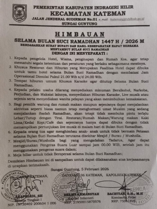 
 Ramadan 1447 H, Forkopimcam Kateman Tetapkan Pengaturan Usaha dan Hiburan