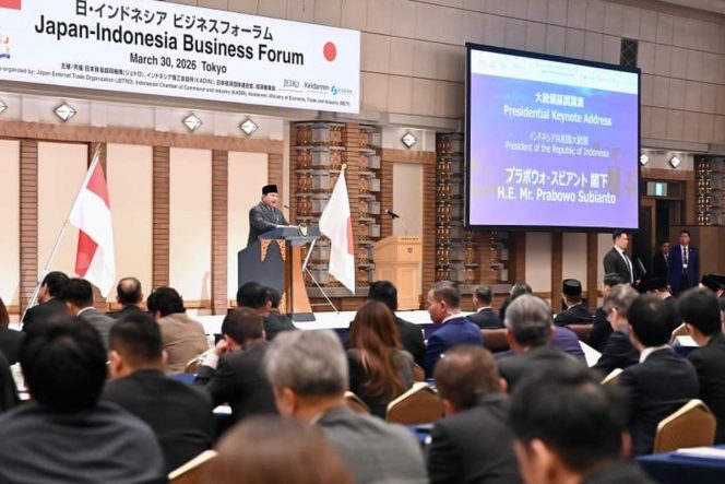 
					Presiden Prabowo Subianto saat menghadiri Forum Bisnis Indonesia-Jepang yang digelar di Imperial Hotel Tokyo, Senin (30/3/2026).(Dok. Biro Pers, Media, dan Informasi Sekretariat Presiden)