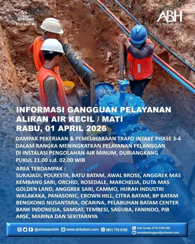
					Pelaksanaan Pekerjaan dan Pemeliharaan Trafo Intake Phase 3-4 di Instalasi Pengolahan Air Minum Duriangkang