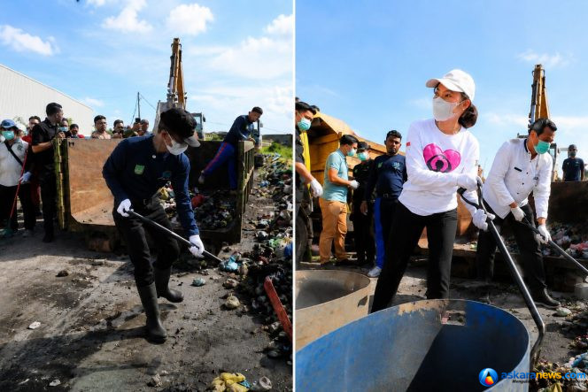 
 Wali Kota Batam, Amsakar Achmad, bersama Wakil Wali Kota Batam, Li Claudia Chandra, ikut membersihkan sampah dalam peringatan Hari Lingkungan Hidup Sedunia Tingkat Kota Batam Tahun 2026, Jumat (19/6/2026). 