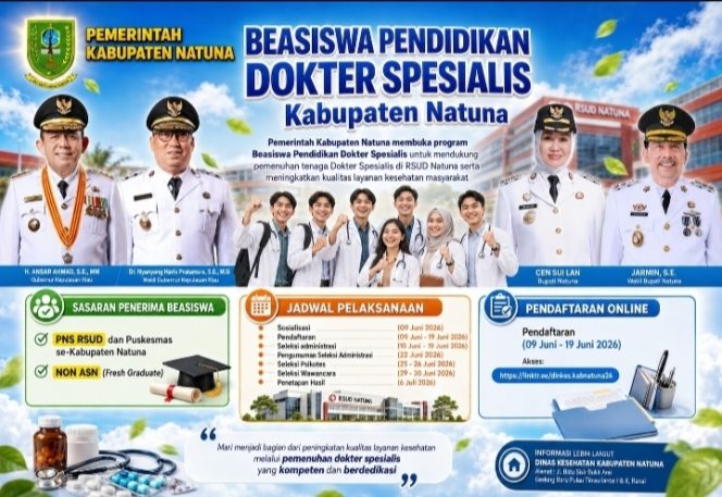 
					Penguman program Beasiswa Pendidikan Dokter Spesialis Tahun 2026 untuk memenuhi kebutuhan tenaga dokter spesialis di RSUD Natuna. Foto: Istimewa