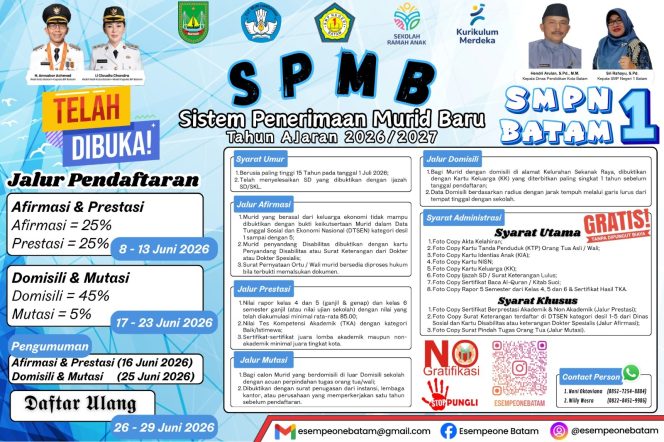
 SMP Negeri 1 Batam Buka Pendaftaran SPMB 2026/2027, Ini Jadwal dan Jalurnya
