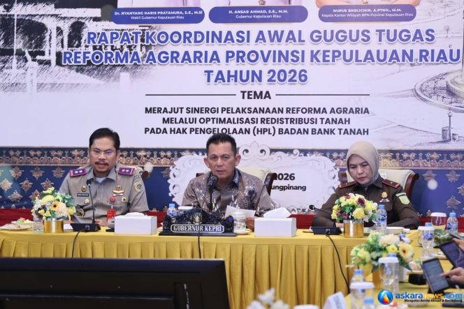 
 Gubernur Kepri Ansar Ahmad memimpin Rakor Awal Gugus Tugas Reforma Agraria (GTRA) Provinsi Kepulauan Riau Tahun 2026 di Gedung Daerah, Tanjungpinang, Selasa (7/7/2026). 