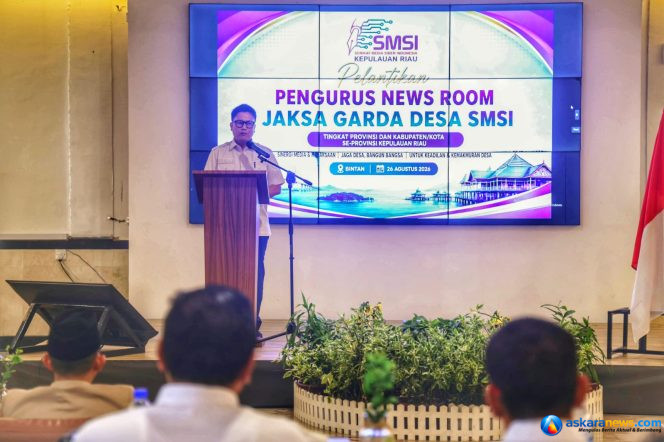 
 Kepala Dinas Komunikasi dan Informatika (Kominfo) Provinsi Kepri, Hendri Kurniadi memberikan kata sambutan pada pelantikan Pokja News Room Jaksa Garda Desa (Jaga Desa) se Provinsi Kepri diselenggarakan SMSI di Bintan Beach resort, Bintan, Rabu (26/8/2026).